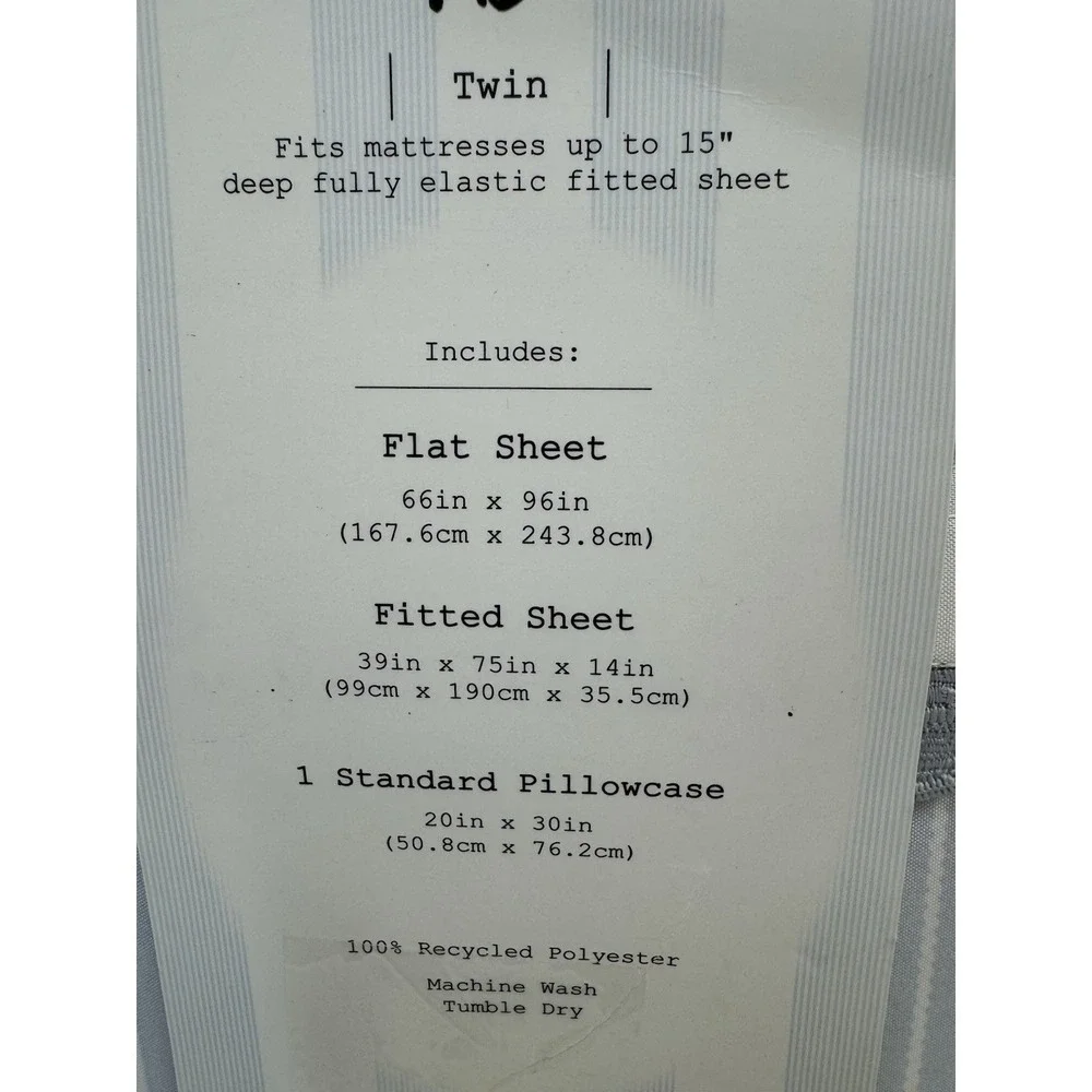 Harlow & Wren 3 Piece Sheet Set Blue White Stripes Resists Wrinkles Fits 15